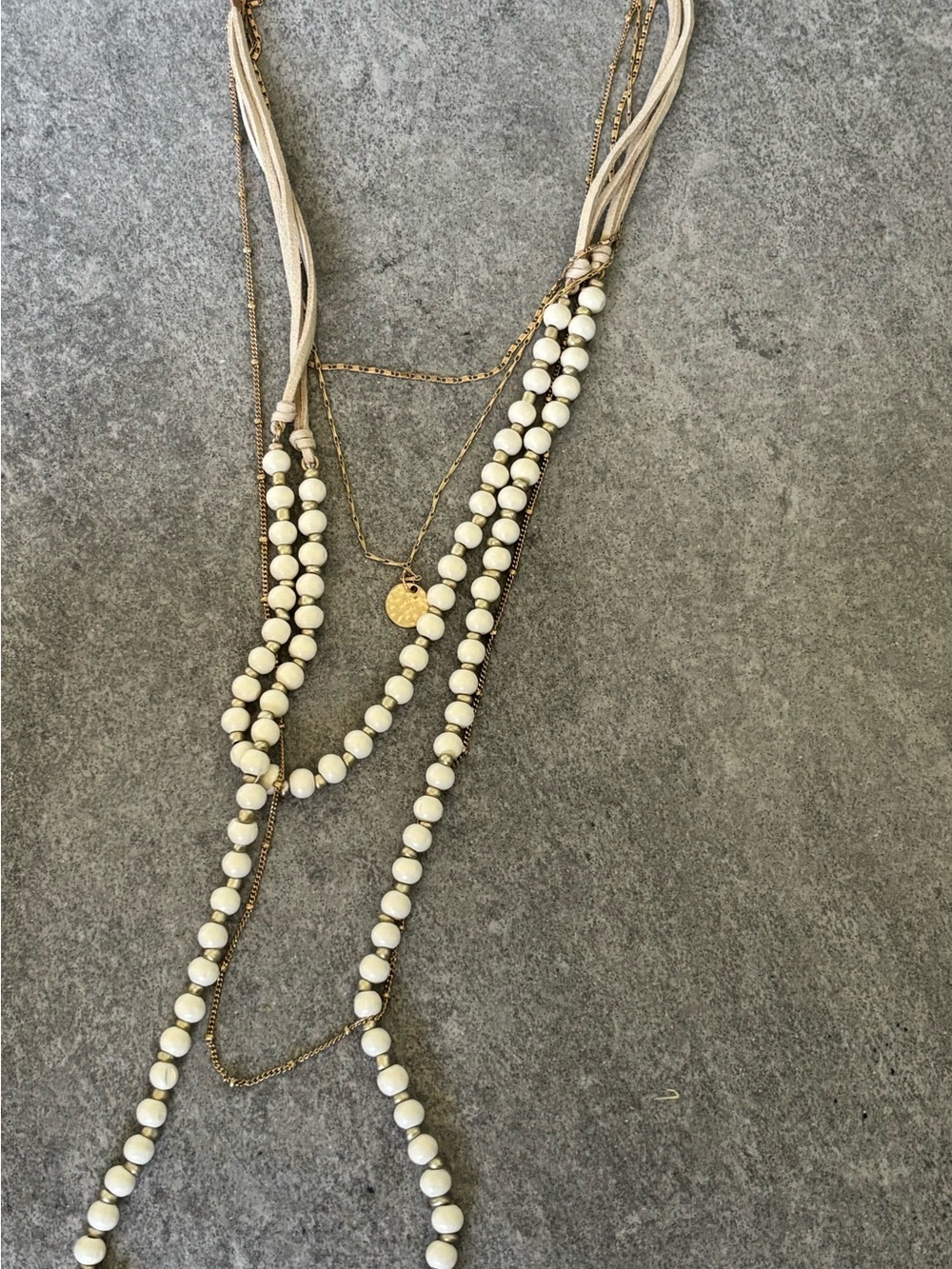 Altar'd State Cream Bead and Gold Tone Layered Necklace with Disc Charm